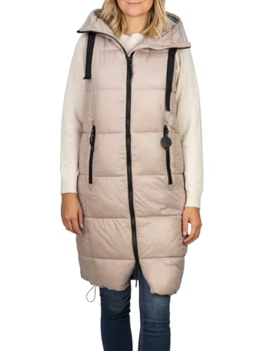 DENIMFY Steppweste Damen lang mit Kapuze Regular Fit DFCaro Weste Knielang Outdoor Reißverschluss Taschen Herbst Winter Beige M, Größe:M, Farbe:String Beige von DENIMFY