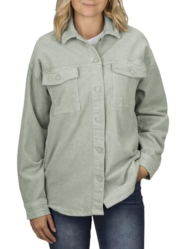 DENIMFY Hemd Damen Oversized Langarm DFSophia Cordhemd Hemdjacke Hemdbluse Freizeithemd Taschen Knöpfe Einfarbig Grün M, Größe:M, Farben:Jadeite Green von DENIMFY