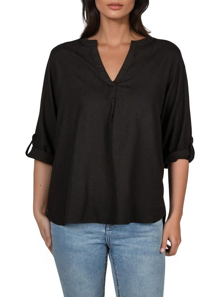 DENIMFY Hemdbluse Damen Leinen Bluse DFSara Regular Fit Tunika mit V-Ausschnitt und Serafino Kragen von DENIMFY