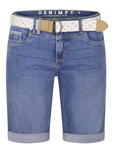 DENIMFY Jeans Shorts Damen mit Gürtel Regular Fit DFLena Kurze Hose Short Sommer Denim Stretch Basic Einfarbig, Größe:M, Farben:Middle Blue Denim (M267) von DENIMFY