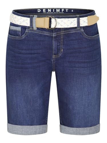 DENIMFY Jeans Shorts Damen mit Gürtel Regular Fit DFLena Kurze Hosen Bermuda Short Sommer Denim Stretch Basic Einfarbig, Größe:XXL, Farben:Dark Blue Denim (D259) von DENIMFY