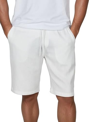 DENIMFY Kurze Hosen Herren Leinen Shorts DFAlessio Regular Fit Kordelzug Elastischer Bund Einfarbig, Größe:4XL, Farben:White von DENIMFY