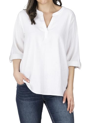 DENIMFY Leinenbluse Damen Sommer leicht Regular Fit DFSara Leinen Bluse 3/4 Arm V-Ausschnitt Blusenshirt Oberteile Einfarbig Schwarz S, Größe:S, Farben:White von DENIMFY