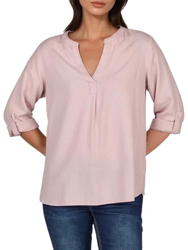 DENIMFY Leinenbluse Damen Sommer leicht Regular Fit DFSara Leinen Bluse 3/4 Arm V-Ausschnitt Blusenshirt Oberteile Einfarbig Rosa M, Größe:M, Farben:Light Greyish Rose von DENIMFY