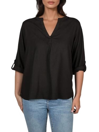 DENIMFY Leinenbluse Damen Sommer leicht Regular Fit DFSara Leinen Bluse 3/4 Arm V-Ausschnitt Blusenshirt Oberteile Einfarbig Schwarz M, Größe:M, Farben:Black von DENIMFY