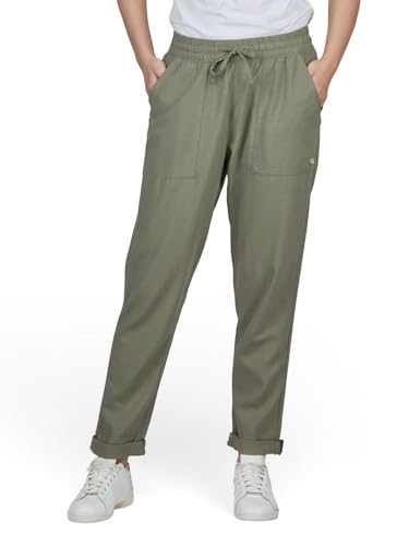 DENIMFY Leinenhose Damen Sommer lang Sommerhose leicht Strandhose Regular Fit DFLinda Freizeithose Gummizug Einfarbig Grün L, Größe:L, Farben:Washed Olive von DENIMFY