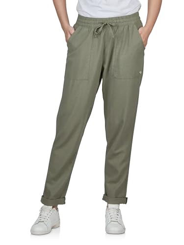 DENIMFY Leinenhose Damen Sommer lang Sommerhose leicht Strandhose Regular Fit DFLinda Freizeithose Gummizug Einfarbig Grün XL, Größe:XL, Farben:Washed Olive von DENIMFY