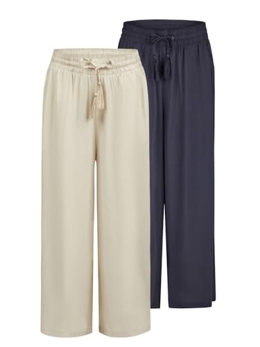 DENIMFY Palazzo Hose Damen Sommer 3/4 Loose Fit DFKate 2er Pack Weites Bein Sommerhose leicht Stoffhose Knöchellang Elastische Taille Einfarbig Muster Viskose, Größe:L, Farben:Farbmix 10 von DENIMFY