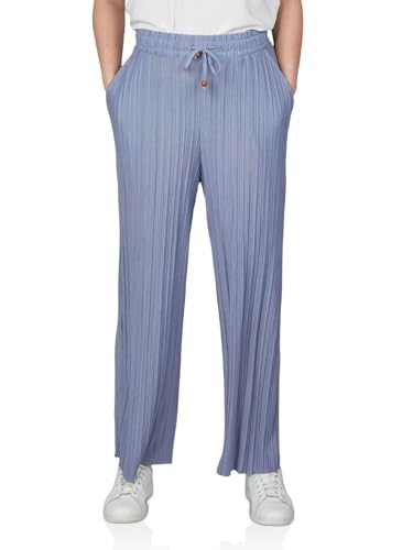 DENIMFY Palazzo Hose Damen Sommer 7/8 Culotte DFBrenda Hohe Taille Weites Bein Sommerhose Stoffhose Knöchellang Elastische Taille Taschen Einfarbig, Größe:L, Farben:Rainy Blue von DENIMFY