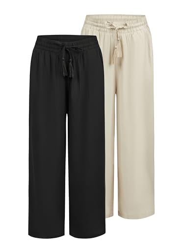 DENIMFY Palazzo Hose Damen Sommer 3/4 Loose Fit DFKate 2er Pack Weites Bein Sommerhose leicht Stoffhose Knöchellang Elastische Taille Einfarbig Muster Viskose, Größe:M, Farben:Farbmix 6 von DENIMFY