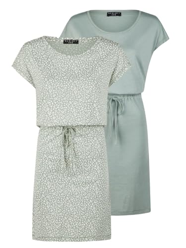 DENIMFY Sommerkleid Damen 2er Set Pack DFBella Kurzarm Rundhals Kleid Strandkleid Midikleid Sommer Muster Einfarbig, Größe:XXL, Farbe:Green - Green-Offwhite von DENIMFY