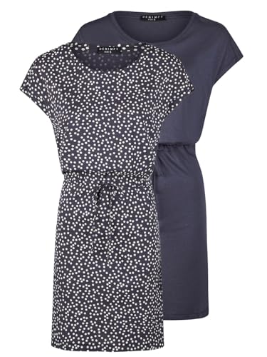 DENIMFY Sommerkleid Damen 2er Set Pack DFBella Kurzarm Rundhals Kleid Strandkleid Midikleid Sommer Muster Einfarbig, Größe:XXL, Farbe:Navy - Navy-Offwhite von DENIMFY