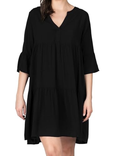 DENIMFY Sommerkleid Damen Knielang A Linie DFFrida 3/4 Ärmel Strandkleid Boho Tunika Kleid Sommer Midikleid Freizeitkleid 100% Viskose, Größe:M/L, Farben:Black von DENIMFY