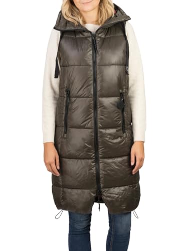 DENIMFY Steppweste Damen lang mit Kapuze Regular Fit DFCaro Weste Knielang Outdoor Reißverschluss Taschen Herbst Winter Grün S, Größe:S, Farbe:Mistletoe Green von DENIMFY