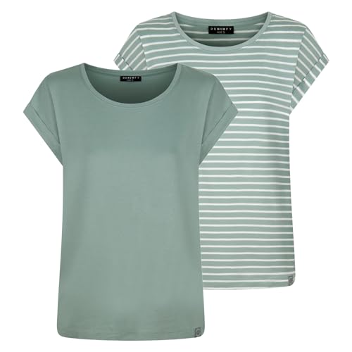 DENIMFY Tshirt Damen Baumwolle Regular Fit DFSophie 2er Pack Set Rundhals Kurzarm Oberteile Top Sommer Einfarbig Streifen, Größe:L, Farben:Stripes Jadeite Green von DENIMFY
