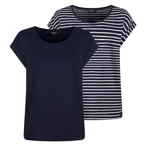 DENIMFY Tshirt Damen Baumwolle Regular Fit DFSophie 2er Pack Set Rundhals Kurzarm Oberteile Top Sommer Einfarbig Streifen, Größe:M, Farben:Stripes Navy-White von DENIMFY