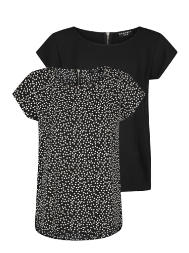 DENIMFY Tshirt Damen Set DFAda Regular Fit 2er Pack Rundhals Kurzarm Top Sommer Reißverschluss Basic Muster Einfarbig, Größe:M, Farben:Black/Black-White von DENIMFY