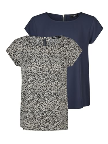 DENIMFY Tshirt Damen Set DFAda Regular Fit 2er Pack Rundhals Kurzarm Top Sommer Reißverschluss Basic Muster Einfarbig, Größe:XXL, Farben:Navy/Navy-Light Sand von DENIMFY
