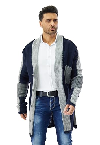 DENIMHOUSE Herren Oversized Strickjacke im Patchwork Look Cardigan Strickweste Navy L von DENIMHOUSE