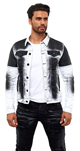 DENIMHOUSE KINGZ Designer Jeansjacke im Batik-Look Denim Bikerjacke von Stretch Übergangsjacke KINGZ 1401-2 White Black Weiss XXL von DENIMHOUSE