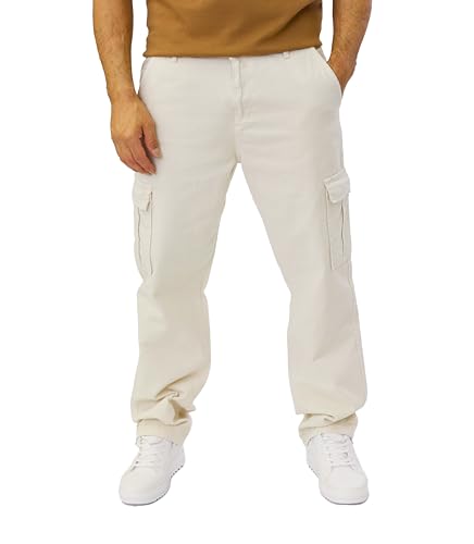Einfarbige Baggy Cargo Jeans Freizeithose Loose Fit Creme W32/L34 von DENIMHOUSE