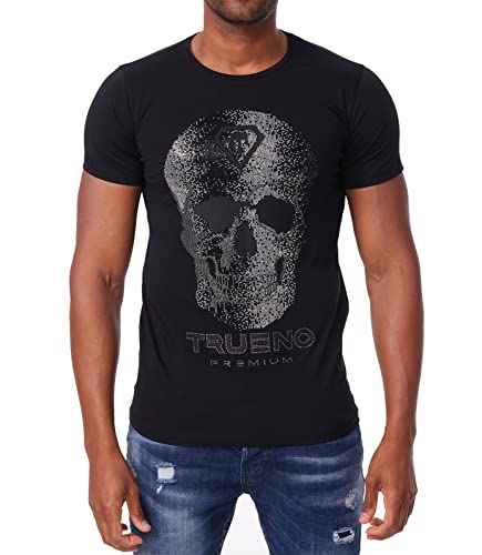 Herren Kurzarm Strass T-Shirt mit Rundhalsausschnitt und schönem Totenkopf Motiv Sommershirt DH-T15 Schwarz XXL von DENIMHOUSE