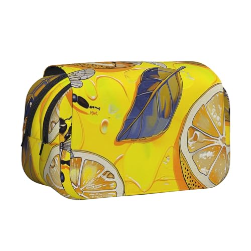 Abstraktes blaues bedrucktes Flip-Federmäppchen mit 2 Fächern, großes Fassungsvermögen, tragbarer Schreibwaren-Organizer für Schule, Reisen und Kunst, Gelbe Zitrone und Biene, Einheitsgröße von DENMER