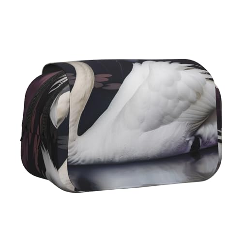 Abstraktes blaues bedrucktes Flip-Federmäppchen mit 2 Fächern, großes Fassungsvermögen, tragbarer Schreibwaren-Organizer für Schule, Reisen und Kunst, Weißer Schwan, Einheitsgröße, Schulranzen von DENMER