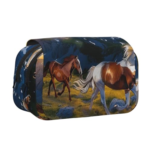 Bedrucktes Flip-Federmäppchen mit Sonnenuntergang an der Strandbrücke mit 2 Fächern, großes Fassungsvermögen, tragbarer Schreibwaren-Organizer für Schule, Reisen und Kunst, Schockierendes Laufpferd von DENMER