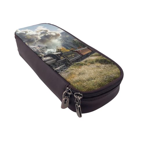 Bedrucktes Leder-Federmäppchen mit Sonnenblumenfeld, multifunktionaler Organizer für Schule, Büro und Reisen, Dampflokomotive Zug, Einheitsgröße, Schulranzen von DENMER