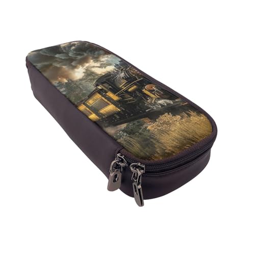 Bedrucktes Leder-Federmäppchen mit Sonnenblumenfeld, multifunktionaler Organizer für Schule, Büro und Reisen, Dampfzug, Einheitsgröße, Schulranzen von DENMER