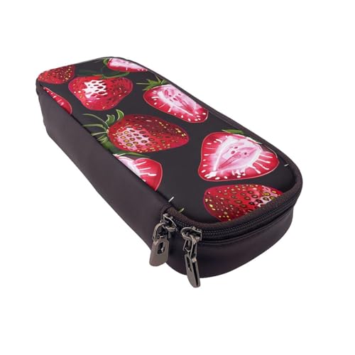 Bedrucktes Leder-Federmäppchen mit Sonnenblumenfeld, multifunktionaler Organizer für Schule, Büro und Reisen, Erdbeermuster, Einheitsgröße, Schulranzen von DENMER