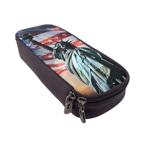 Bedrucktes Leder-Federmäppchen mit Sonnenblumenfeld, multifunktionaler Organizer für Schule, Büro und Reisen, Freiheitsstatue Flagge, Einheitsgröße, Schulranzen von DENMER