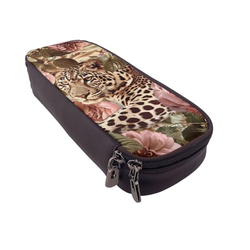 Bedrucktes Leder-Federmäppchen mit Sonnenblumenfeld, multifunktionaler Organizer für Schule, Büro und Reisen, Gestreifte Rose und Leopard, Einheitsgröße, Schulranzen von DENMER