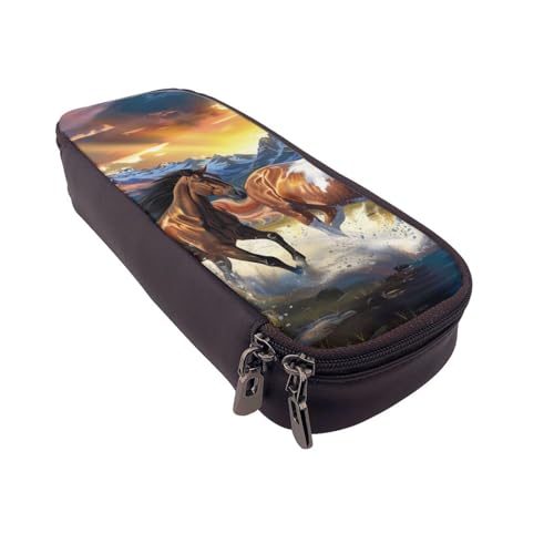 Bedrucktes Leder-Federmäppchen mit Sonnenblumenfeld, multifunktionaler Organizer für Schule, Büro und Reisen, Laufpferde, Einheitsgröße, Schulranzen von DENMER