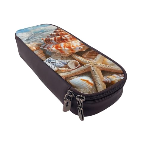 Bedrucktes Leder-Federmäppchen mit Sonnenblumenfeld, multifunktionaler Organizer für Schule, Büro und Reisen, Muschel-Landschaft am Strand, Einheitsgröße, Schulranzen von DENMER