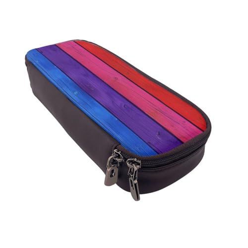 Bedrucktes Leder-Federmäppchen mit Sonnenblumenfeld, multifunktionaler Organizer für Schule, Büro und Reisen, Regenbogenfarbener Holzhintergrund, Einheitsgröße, Schulranzen von DENMER