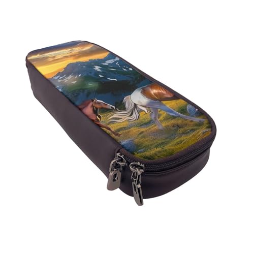 Bedrucktes Leder-Federmäppchen mit Sonnenblumenfeld, multifunktionaler Organizer für Schule, Büro und Reisen, Schockierendes Laufpferd, Einheitsgröße, Schulranzen von DENMER