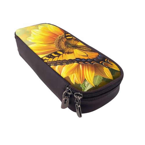 Bedrucktes Leder-Federmäppchen mit Sonnenblumenfeld, multifunktionaler Organizer für Schule, Büro und Reisen, Sonnenblume Schmetterling Sonne, Einheitsgröße, Schulranzen von DENMER
