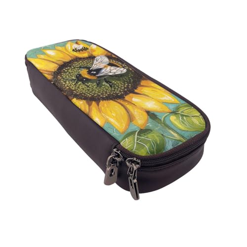 Bees bedrucktes Leder-Flip-Federmäppchen – multifunktionaler Organizer für Schule, Büro und Reisen, Bienen- und Sonnenblumen, Einheitsgröße, Schulranzen von DENMER