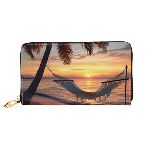 DENMER Coconut Beach Sunset Hängematte Leder Geldbörse Kunstleder mit metallischem Reißverschluss geräumiges und stilvolles Accessoire für moderne Frauen Produkt, Kokosnuss Beach Sunset Hängematte, von DENMER