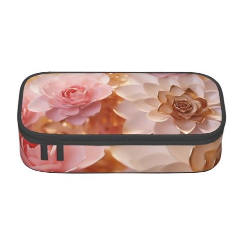 DENMER Federmäppchen mit violettem Blumenmuster, langlebig und vielseitig, Oxford-Stoff-Konstruktion, perfekt für Schule, Büro und Reisen., Rosa / Weiß / Gold Blumen, Einheitsgröße, Make-up-Tasche von DENMER