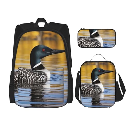 DENMER Mehrzweck-Schultasche mit pinkem Flamingo am Strand, mit passendem Federmäppchen und Lunchtasche, stilvolle All-in-One-Lösung, Loon Birds, Einheitsgröße von DENMER