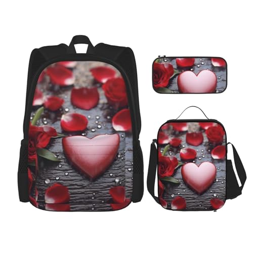 DENMER Mehrzweck-Valentinstag-Schultasche mit passendem Federmäppchen und Lunchtasche Set - Ihre stilvolle All-in-One-Lösung von DENMER