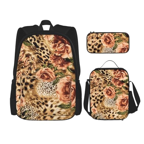 DENMER Wunderschöner Mehrzweck-Schulranzen mit passendem Federmäppchen und Lunchtasche, stilvolle All-in-One-Lösung, Gestreifter Leopard und Rosen, Einheitsgröße von DENMER