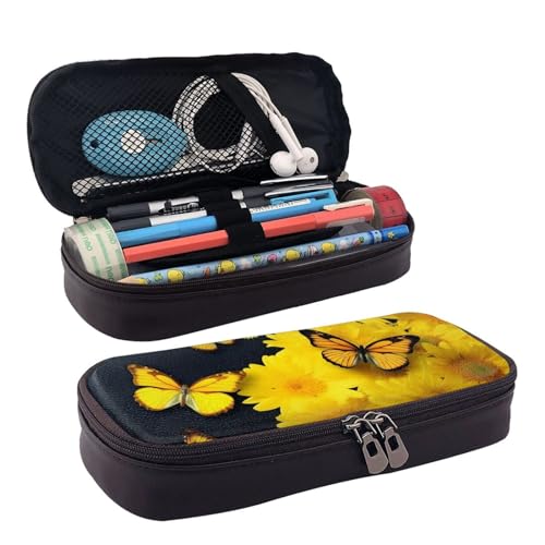 DENMER Zen Stone Leder-Etui mit Klappdeckel (horizontaler Stil), Gelbe Blumen und Schmetterlinge, Einheitsgröße, Make-up-Tasche von DENMER