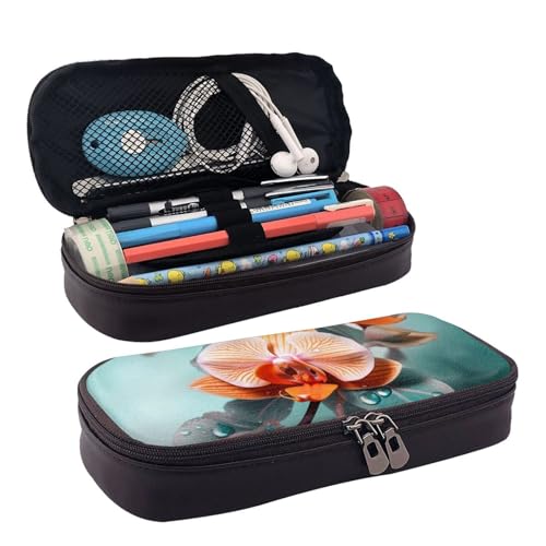 DENMER Zen Stone Leder-Etui mit Klappdeckel (horizontaler Stil), Orchidee in Blaugrün und Orange, Einheitsgröße, Make-up-Tasche von DENMER