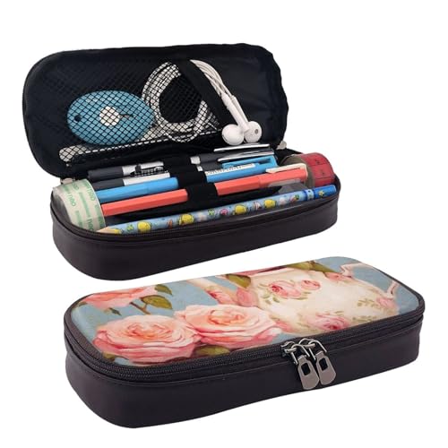 DENMER Zen Stone Leder-Etui mit Klappdeckel (horizontaler Stil), Teebecher mit Rosen Romantisch Shabby, Einheitsgröße, Make-up-Tasche von DENMER