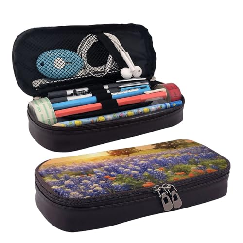 DENMER Zen Stone Leder-Etui mit Klappdeckel (horizontaler Stil), Texas Bluebonnets Landschaft, Einheitsgröße, Make-up-Tasche von DENMER