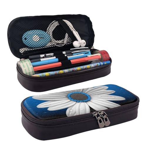 DENMER Zen Stone Leder-Etui mit Klappdeckel (horizontaler Stil), Weiß/blaue Gänseblümchen, Einheitsgröße, Make-up-Tasche von DENMER